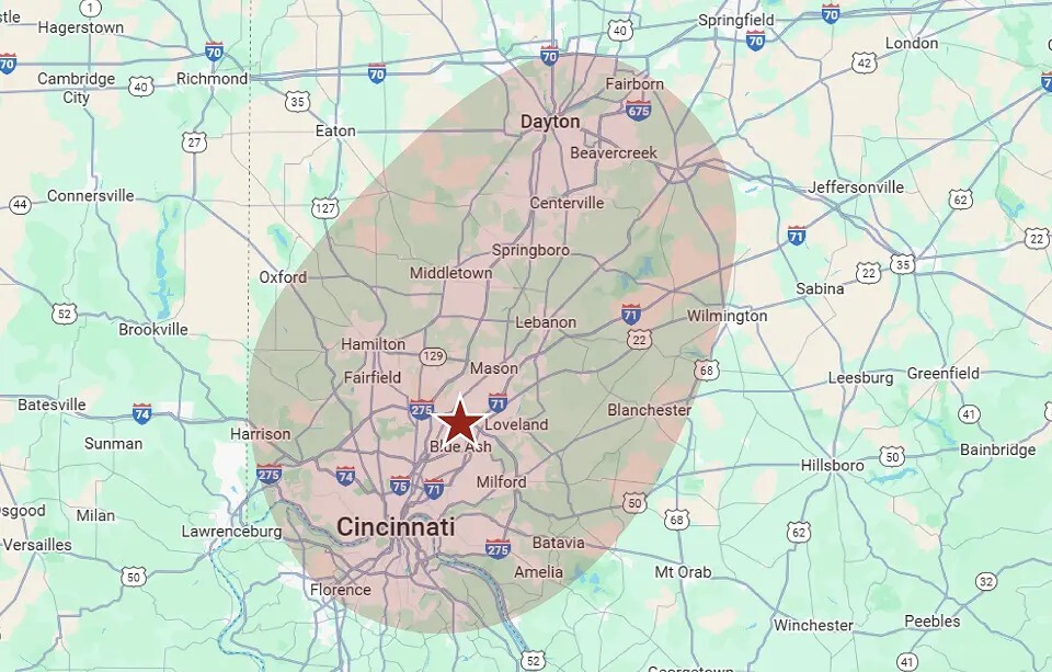 A map of the Cincinnati-Dayton, Ohio area with a star over Blue Ash